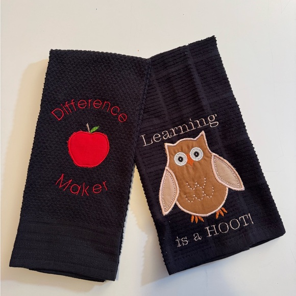 Other - Teacher appreciation gift Black Embroidered Kitchen Towels with Owl and Apple